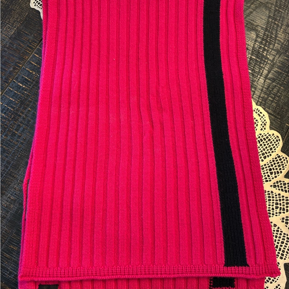 Vibrant Pink Ribbed Scarf with Black Stripe